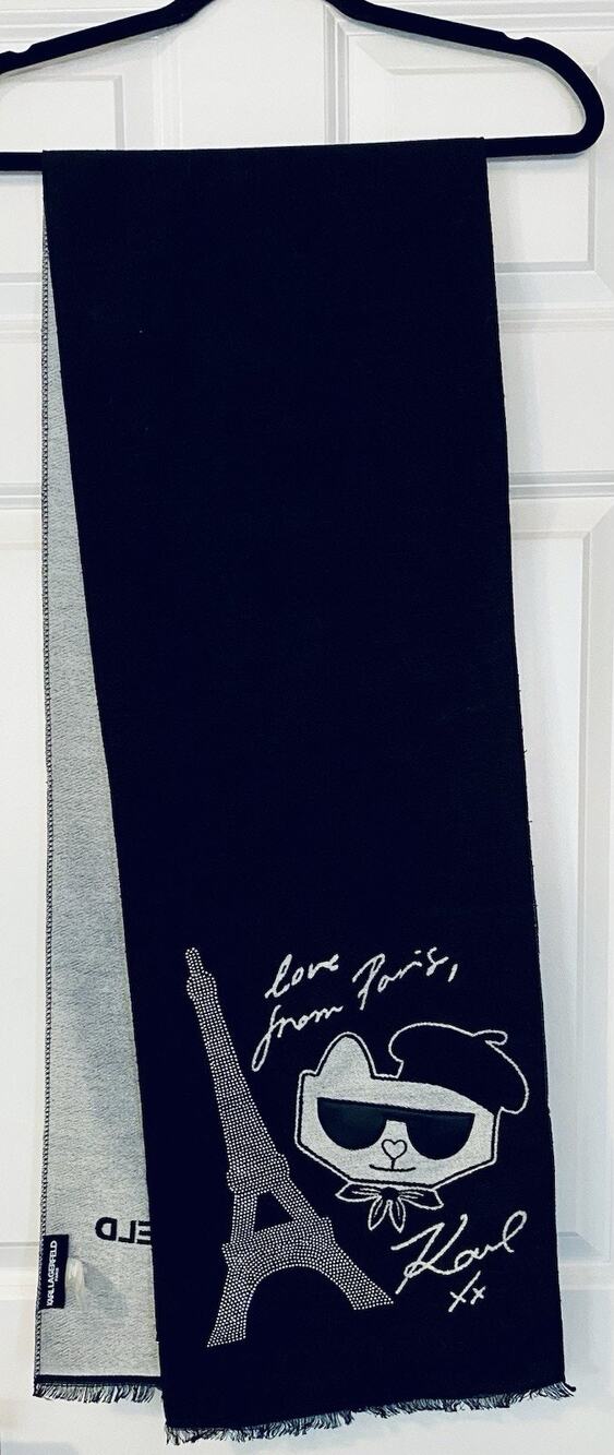 Karl Lagerfeld Paris Women Black Logo Scarf Fringed Designer Choupette Cat